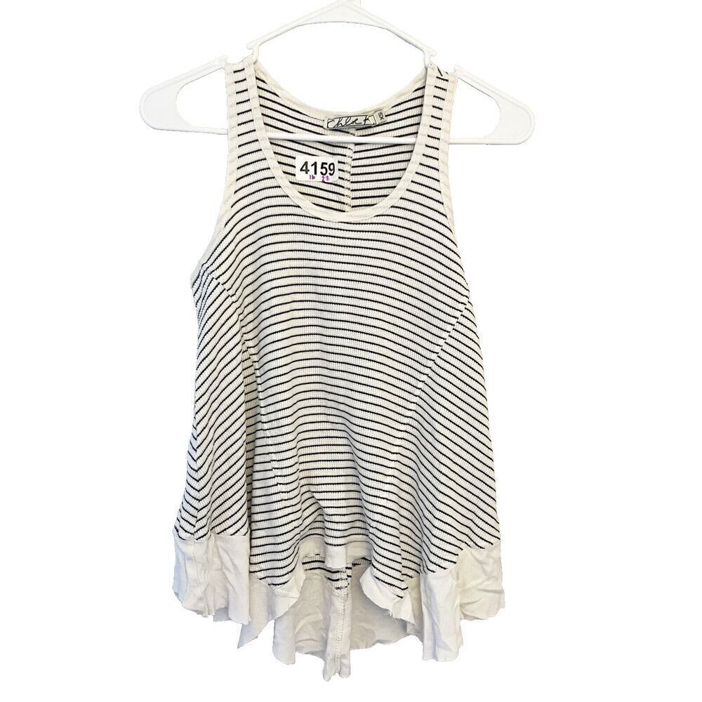 Chloe K  Black Cream Tank Top Waffle Striped Asymmetrical Hem XS Womens